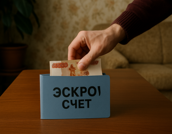 Рука кладет деньги в папку эскроу в квартире