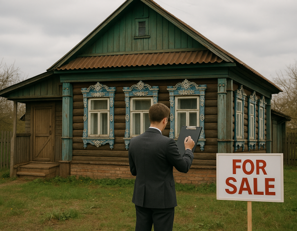 Дом на продажу с вывеской о продаже на русском