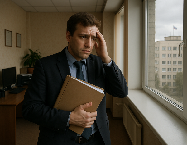 Человек с папкой документов у окна в офисе