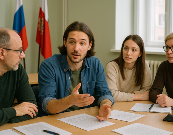 Группа людей обсуждает в конференц-зале