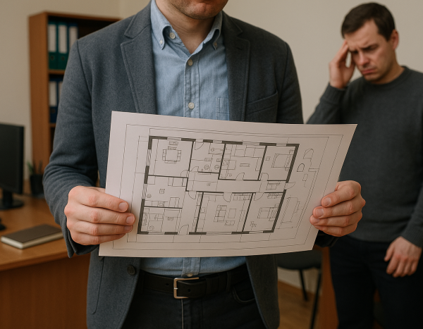 Человек в офисе с планами квартиры, выглядит озабоченным.